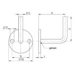 Maatvoering Croso leuninghouder voor muurmontage van onbehandeld staal - Schijf 70 mm en schroefgaten 11 mm