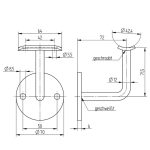 Croso Leuninghouder muurmontage - Voor leuning Ø42.4mm - Onbehandeld staal - Schijf Ø70mm 72424 afmetingen